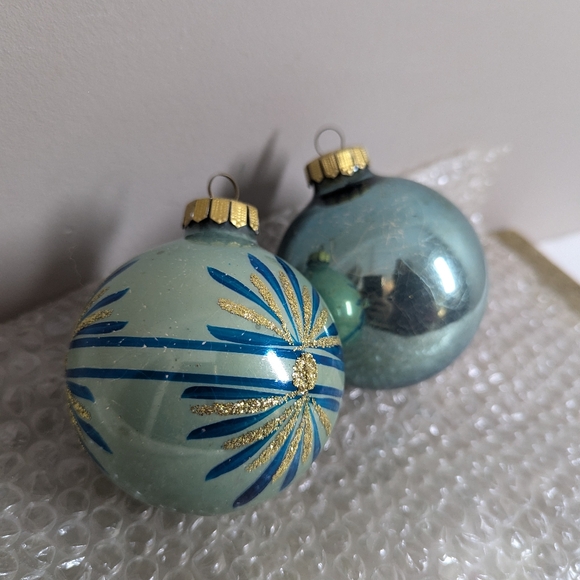 Vintage West Germany Glass Christmas Ornaments | Hand Painted Blue & Gold 3.5” B - Picture 3 of 7